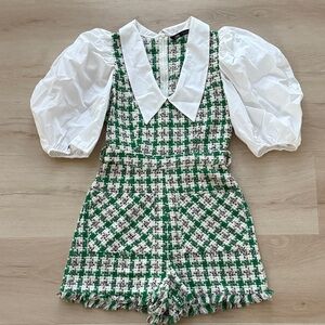 Zara Green and White Checkered Top Tweed Romper